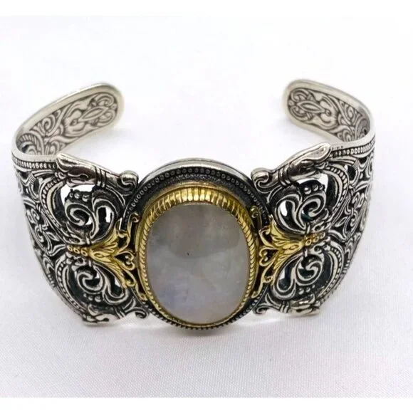 Konstantino Sterling Silver 925 18K 750 White Stone Cuff Bracelet 7.5" - Picture 1 of 10